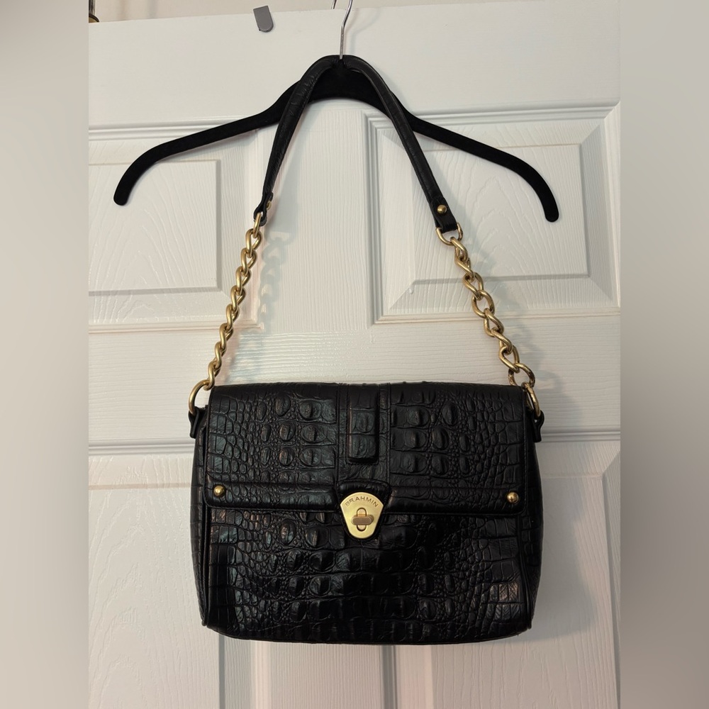 Brahmin Black Croc-Embossed Shoulder Bag Purse with Gold Chain